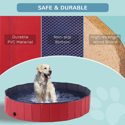 PawHut Foldable Dog Paddling Pool Pet Cat Swimming Pool Indoor/Outdoor Collapsible Summer Bathing Tub Shower Tub Puppy Washer (√é¬¶160 √É‚Äî 30H cm, Red)