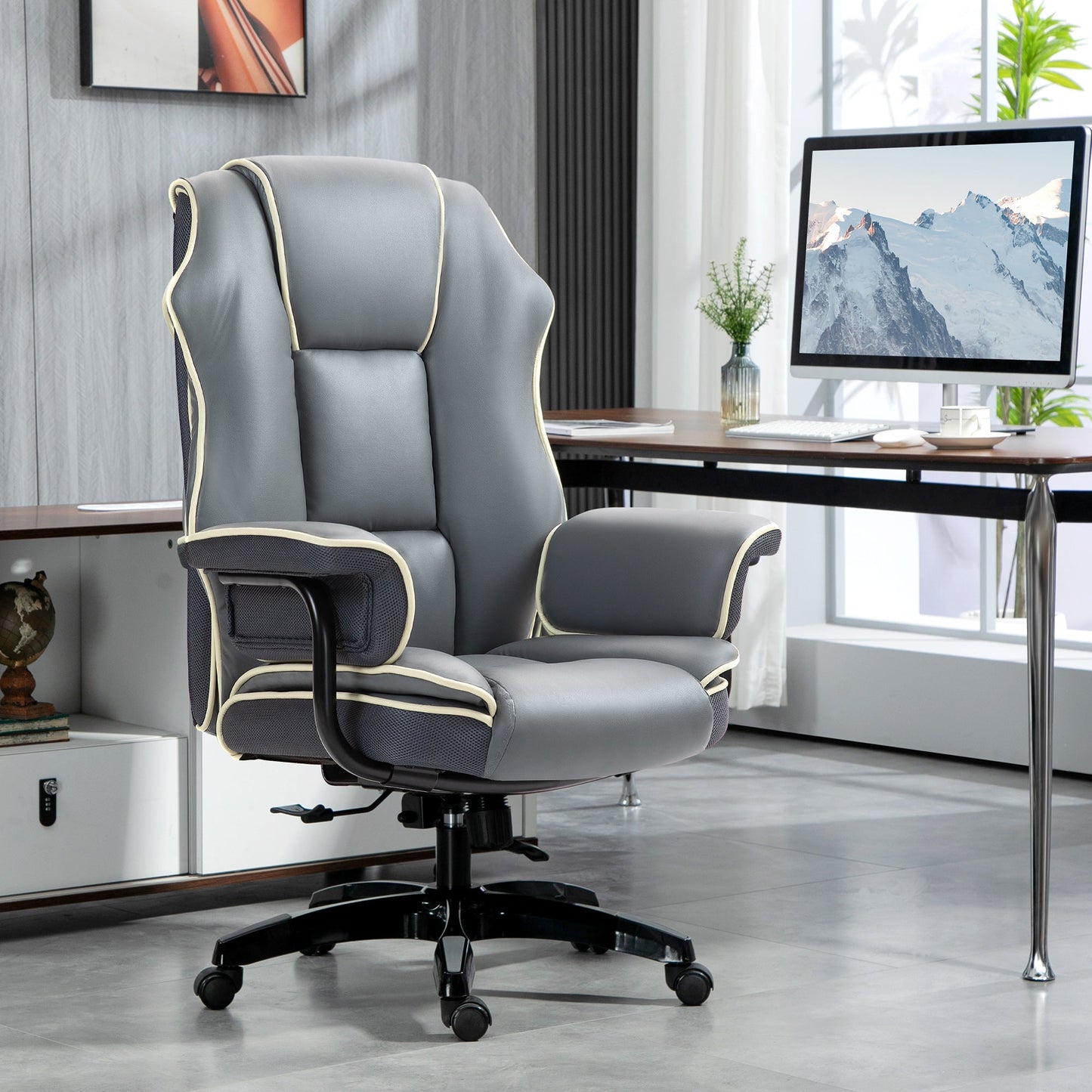 Vinsetto High Back Office Chair, PU Leather Desk Chair, Reclining Swivel Computer Chair for Home, Grey