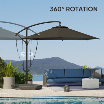 Outsunny 3(m) Garden Cantilever Parasol with Fillable Base, Wind Protection Strap, Cover, Round Banana Hanging Umbrella with Crank Handle and Tilt, Patio Umbrella for Outdoor Sun Shade, UPF50+, Grey