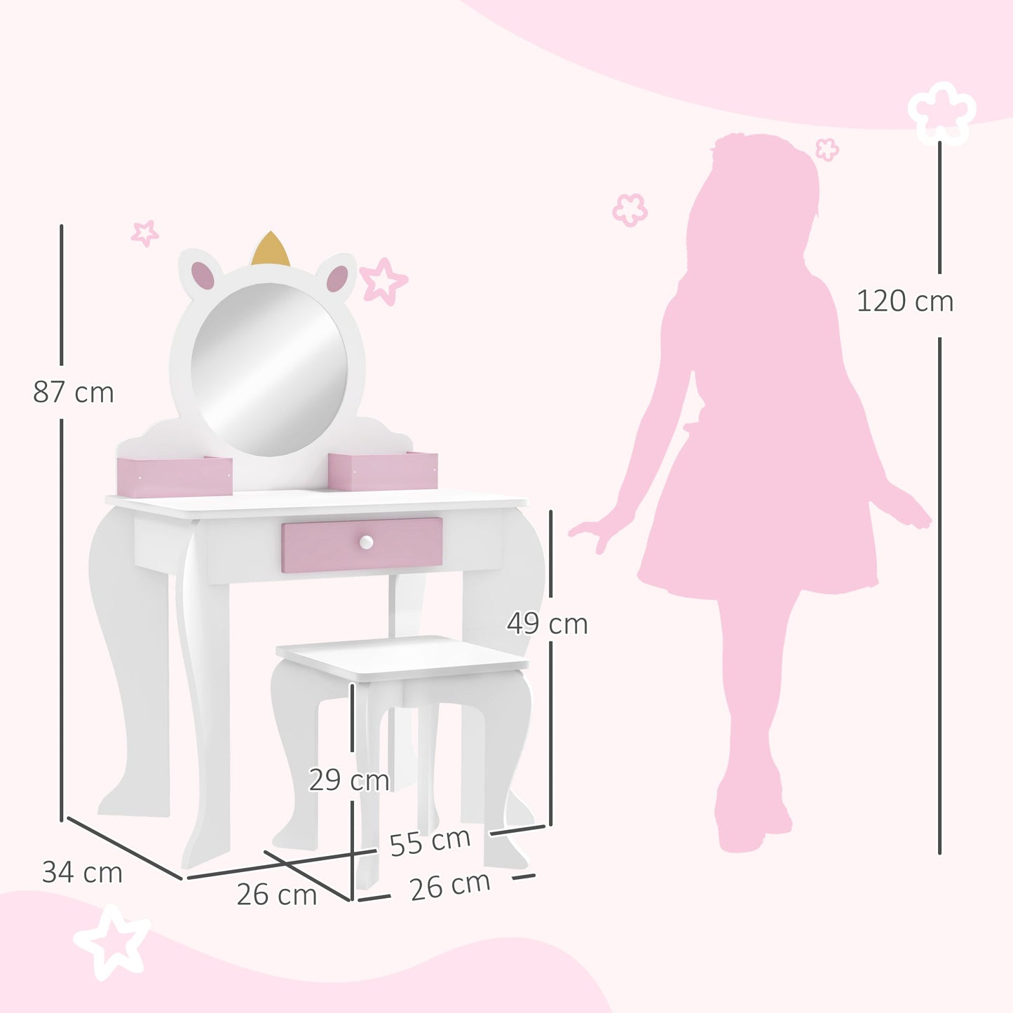 ZONEKIZ Unicorn-Design Kids Dressing Table, with Mirror and Stool - White