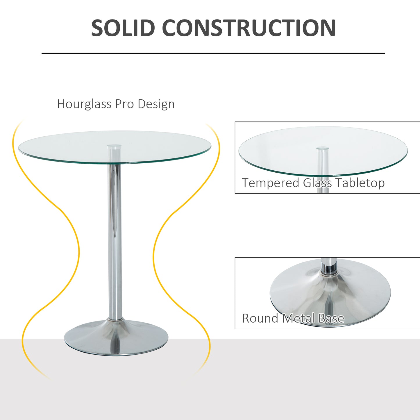 HOMCOM Round Dining Table, Modern Kitchen Table with Tempered Glass Top Chrome Stand, 70 x 70 x 74.5cm