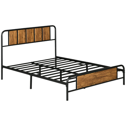 HOMCOM 4.8ft Double Bed Frame with Industrial Wood Headboard, Steel Slat Support and 25.5cm Underbed Storage Space, 145 x 199cm, Rustic Brown