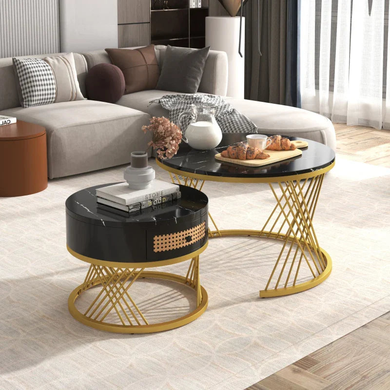 2-in-1 Marble Coffee Table Set with Marble Grain Veneer Top, Rattan Drawers, and Solid Wood Handles, Gold Iron Legs, 70x70x45.5 cm + 50x50x38.5 cm, Black+Gold