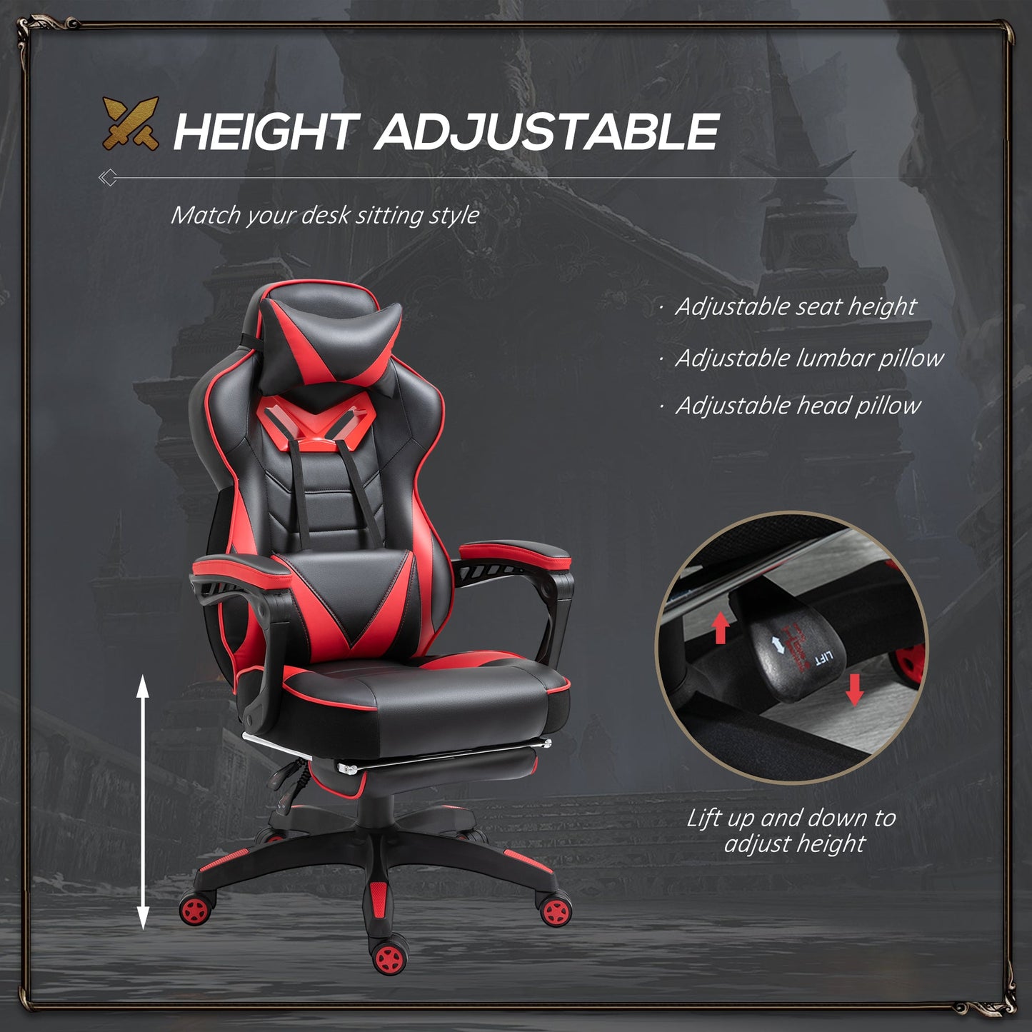 Vinsetto Computer Gaming Chair, Racing Desk Chair with Lumbar Support and Footrest, PU Leather Gamer Chair with Headrest and Swivel Wheels for Home, Red