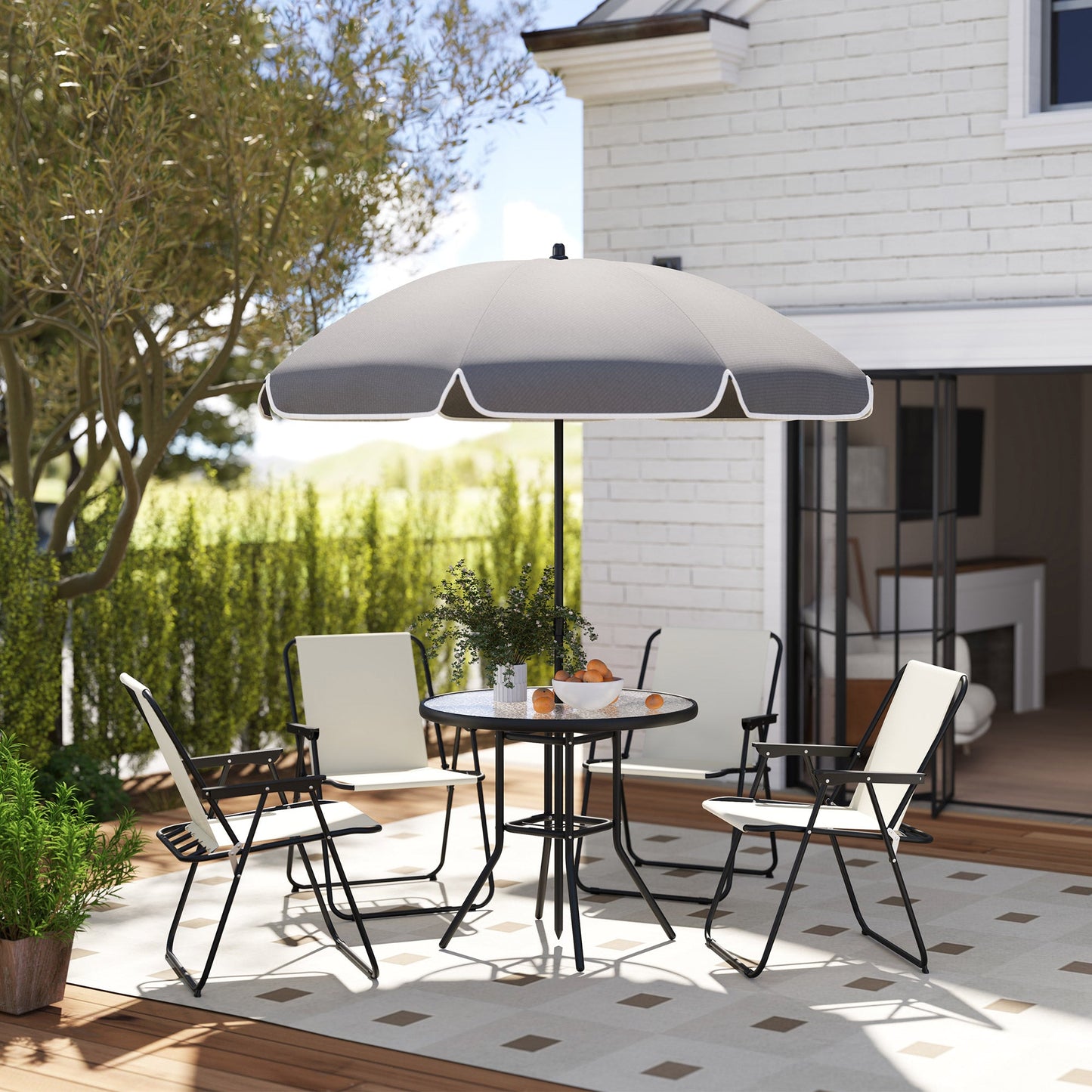 Outsunny 4 Seater Garden Furniture Set, 6 Pieces Garden Table and Chairs with Parasol, Outdoor Garden Dining Set with Folding Chairs and Round Glass Top Table for Patio, Cream White