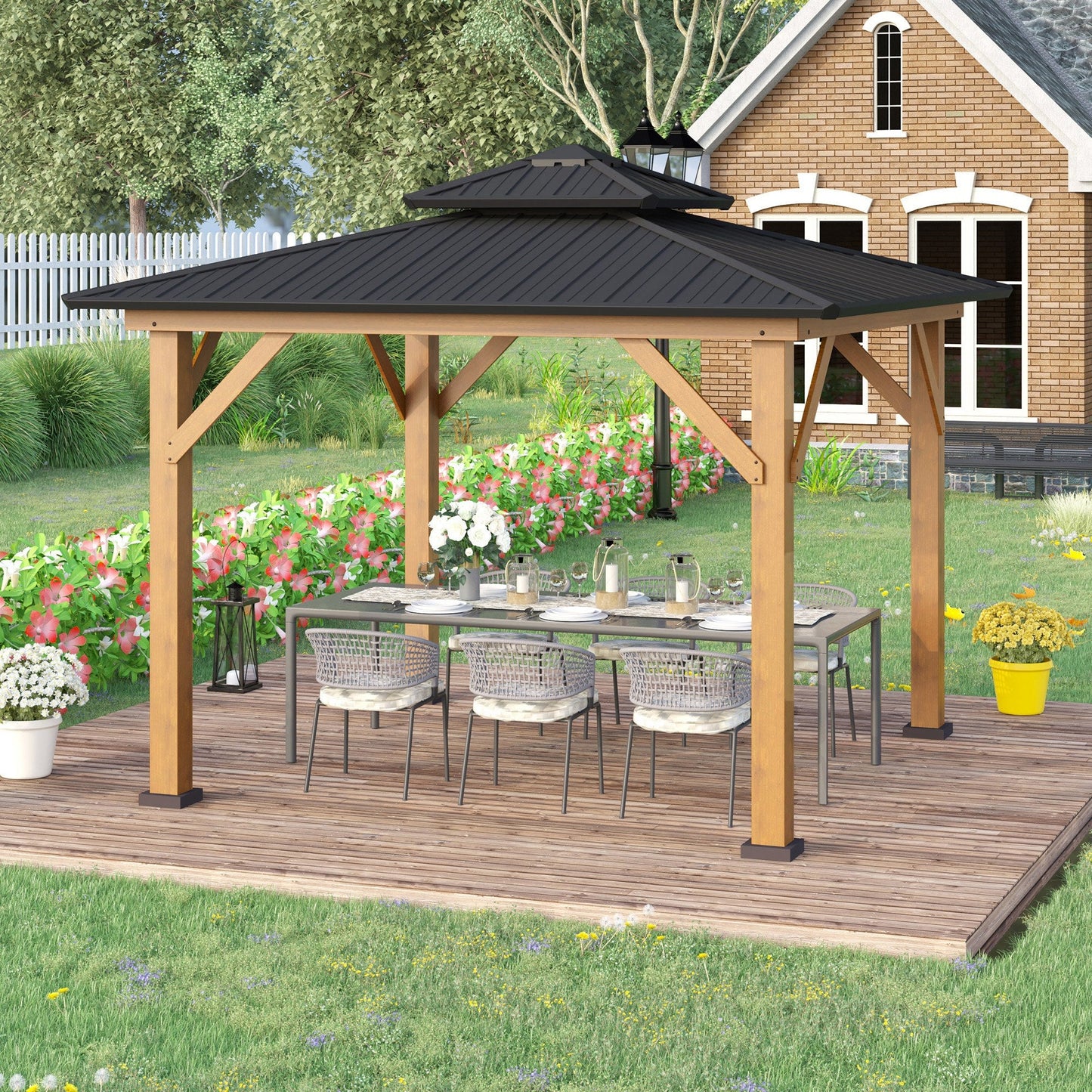 Outsunny 3.5 x 3.5m Outdoor Hardtop Gazebo Canopy with Two-tier Metal Roof and Solid Wood Frame Outdoor Patio Shelter for Patio, Garden, Grey