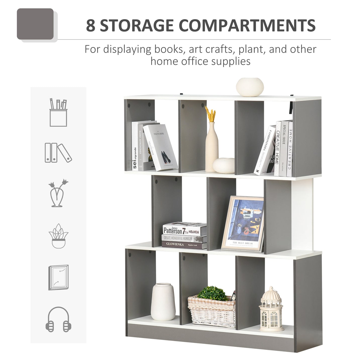 HOMCOM 3-Tier 8-Cube Home Office Display Unit Bookcase Shelving Unit Contemporary Stylish Versatile Freestanding w/ Anti-Tipping Safety Grey White