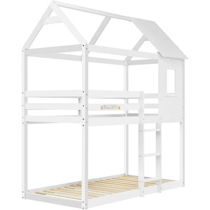 Children's Bunk Bed with Convertible Ladder and Window, Solid Pine Wood Twin Sleeper, Safety Certified, for Kids, Teens, 198x94x221 cm, White