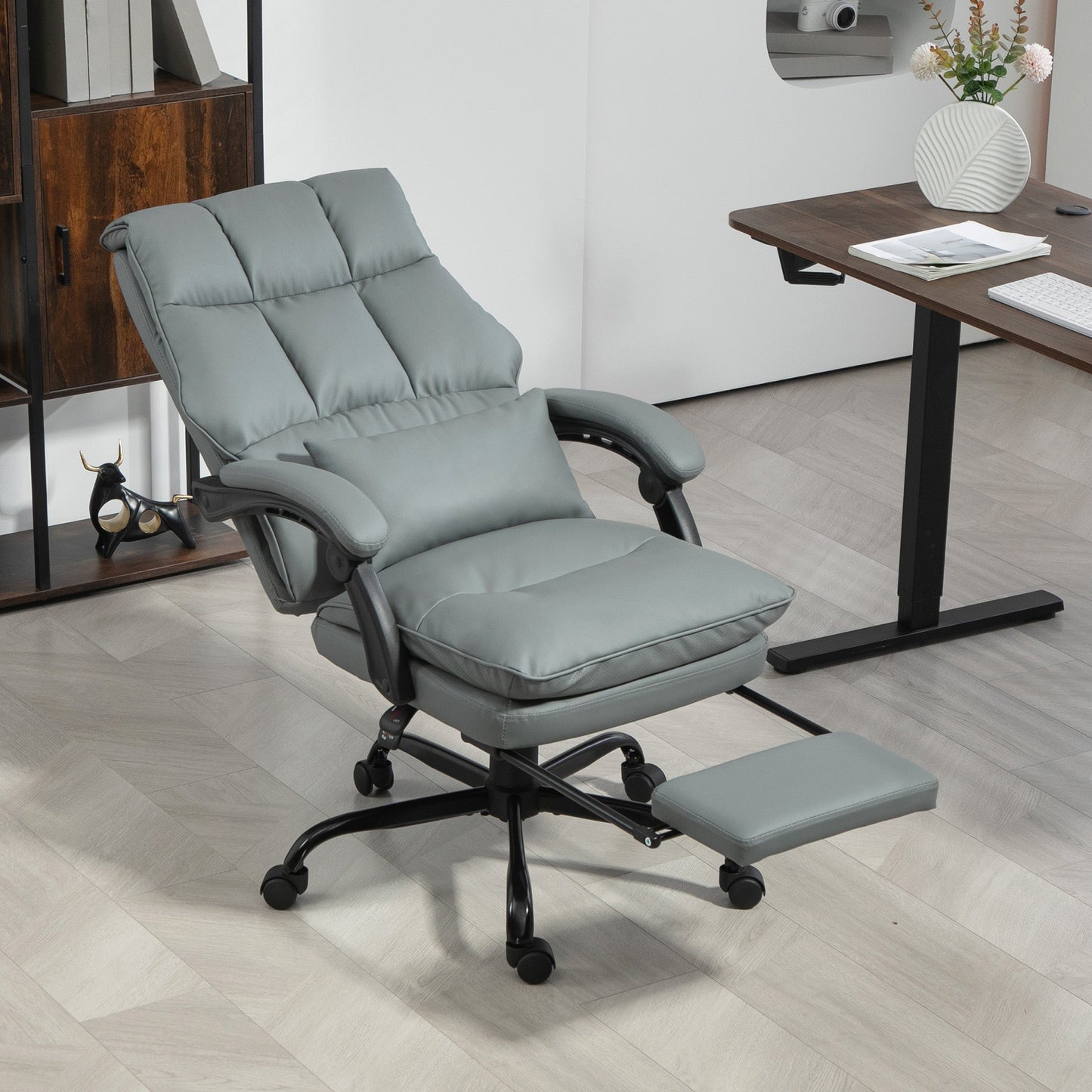 HOMCOM Faux Leather Reclining Office Chair, with Footrest - Grey