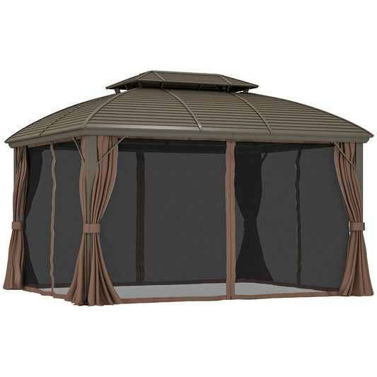 Outsunny 3.65 x 3(m) Hardtop Steel Gazebo Canopy with Aluminium Frame, Double Roof, Net Sidewalls and Curtains, Coffee