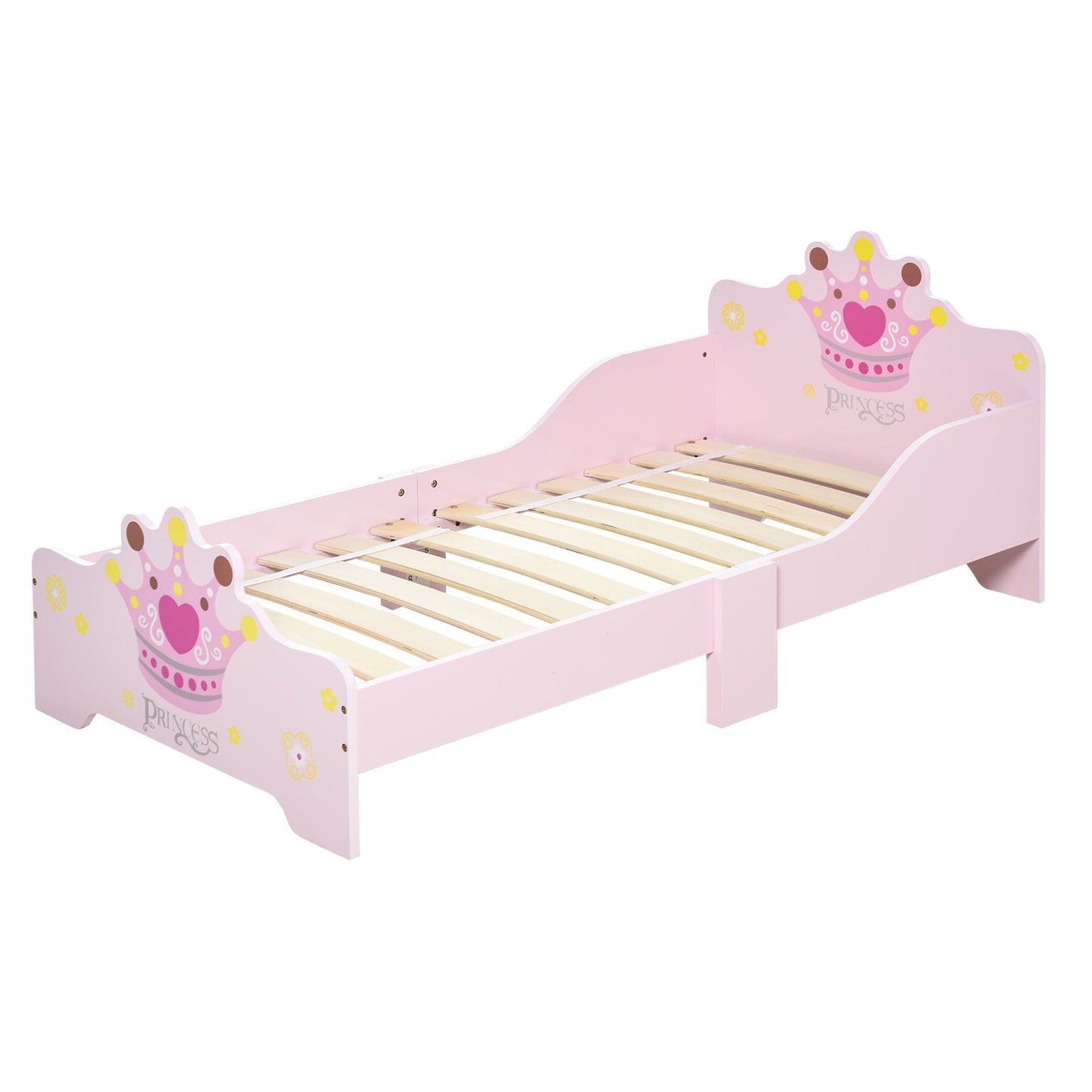 HOMCOM Kids Toddler Bed Princess Crown Theme Safety Side Rails Slats Home Bedroom Furniture Boys Girls 3-6 Yrs Pink 143 x 73 x 60 cm