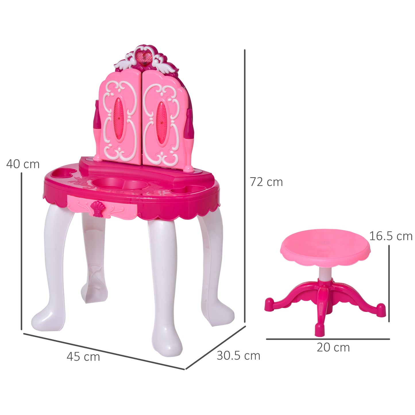 HOMCOM 26 Pcs Kids Children Vanity Dressing Table Magic Glamour Princess Mirror Makeup Table Stool Set w/ Beauty Kit Lights Music Jewellery Pretend Toy Fuchsia