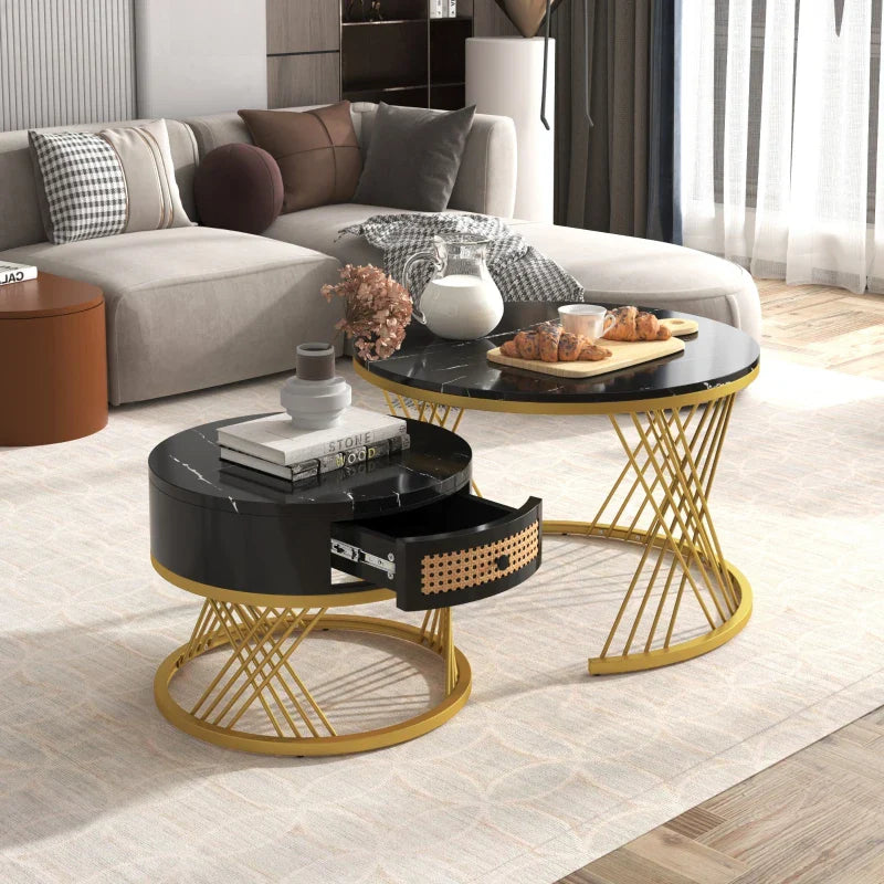 2-in-1 Marble Coffee Table Set with Marble Grain Veneer Top, Rattan Drawers, and Solid Wood Handles, Gold Iron Legs, 70x70x45.5 cm + 50x50x38.5 cm, Black+Gold