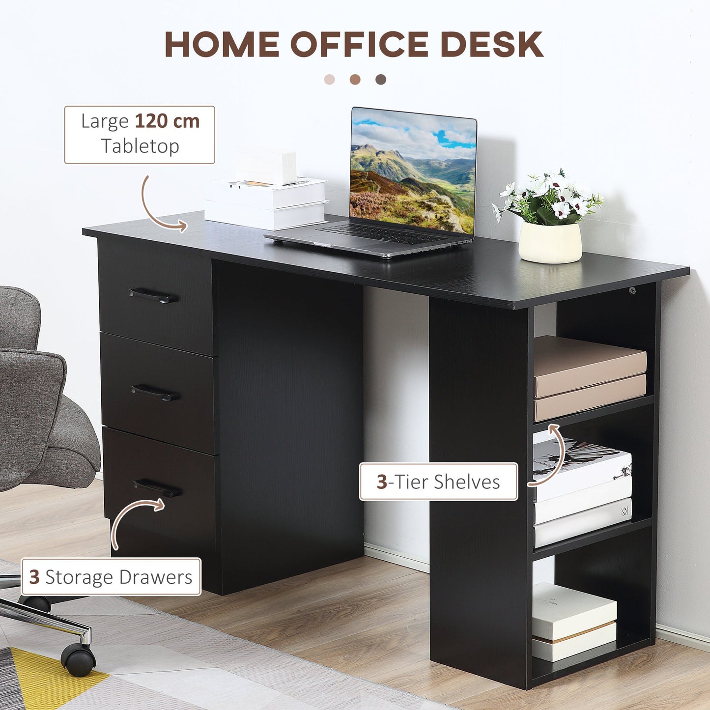 HOMCOM Computer Desk, Writing Table, PC Workstation with 3 Storage Shelves and Drawers, Black Handle, for Home Office, Black