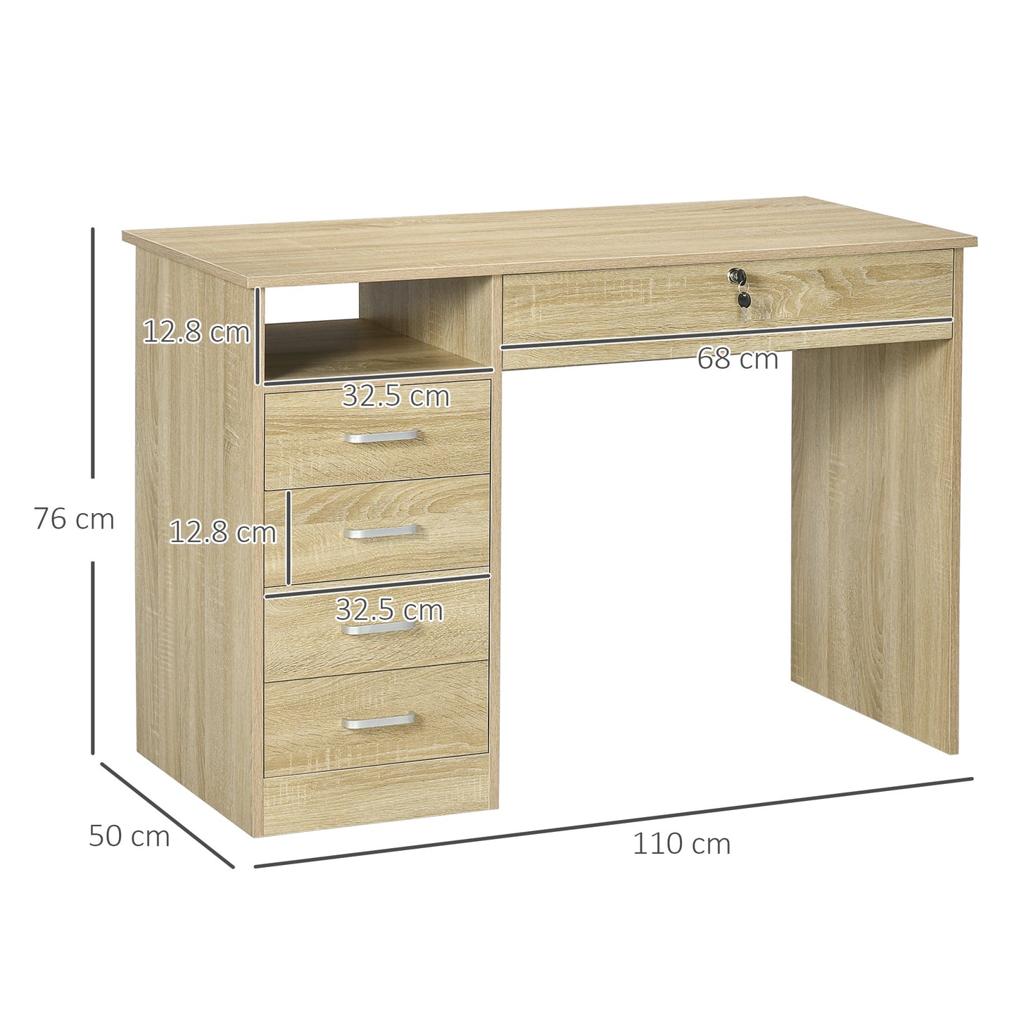 HOMCOM Computer Desk, Home Office Desk with Lockable Drawer, Storage Shelf for Study Bedroom, 110 x 50 x 76 cm, Oak