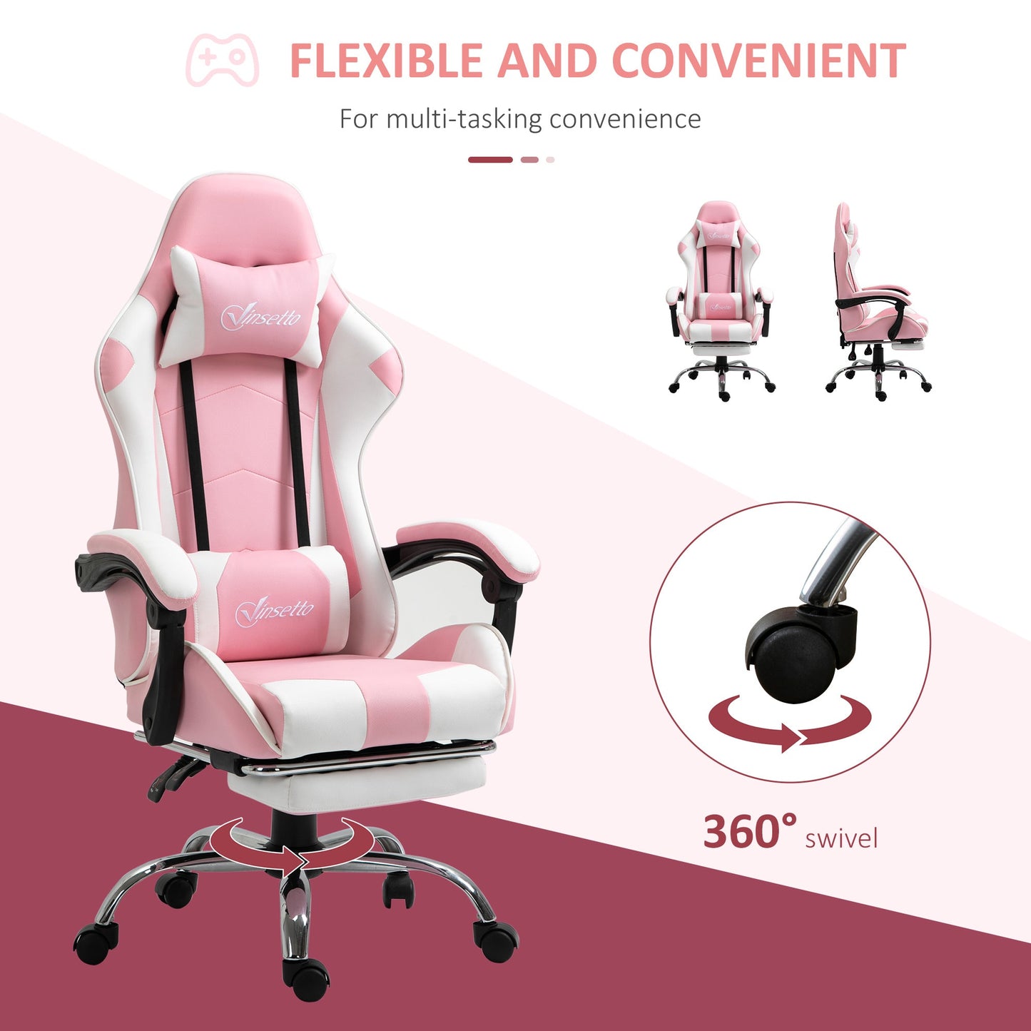 Vinsetto Pink Computer Gaming Chair, Desk Chair with 135√Ç¬∞ Reclining Back and Retractable Footrest, Adjustable PU Leather Lumbar Support and Headrest, Steel Base for Adults, Girls