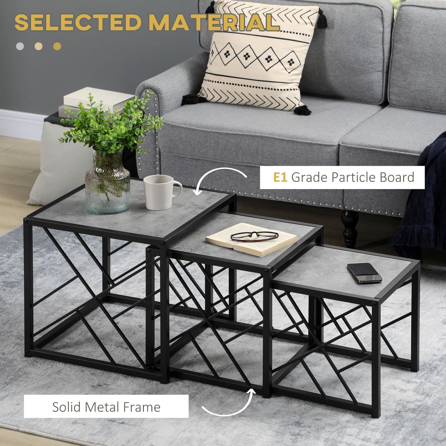 HOMCOM Nesting Coffee Tables, Set of 3 Square Side Tables with Black Metal Frame, for Living Room, Bedroom and Office, Grey