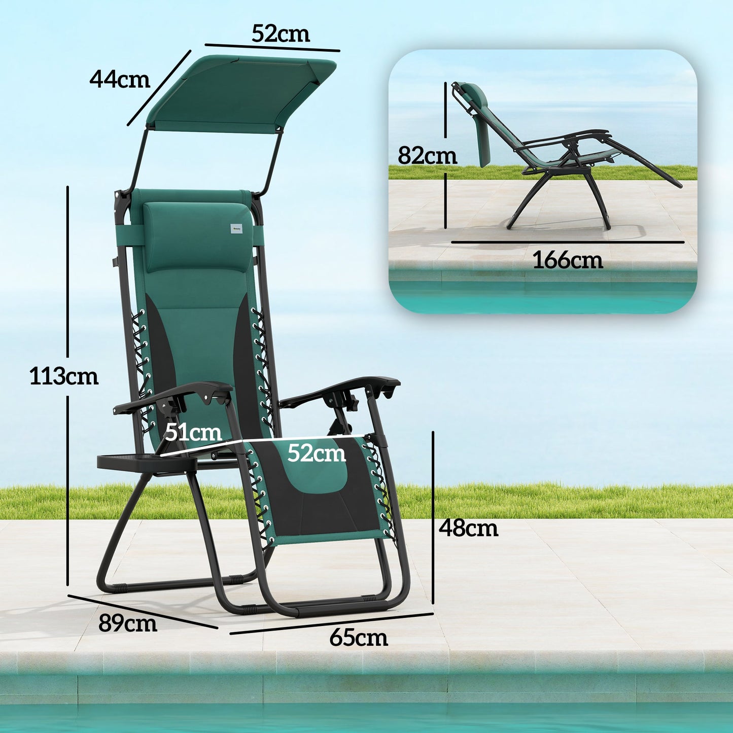 Outsunny Zero Gravity Lounger Chair Set of 2, Folding Reclining Patio Chair with Shade Cover, Padded Seat, Cup Holder, Soft Cushion and Headrest for Poolside, Camping, Green