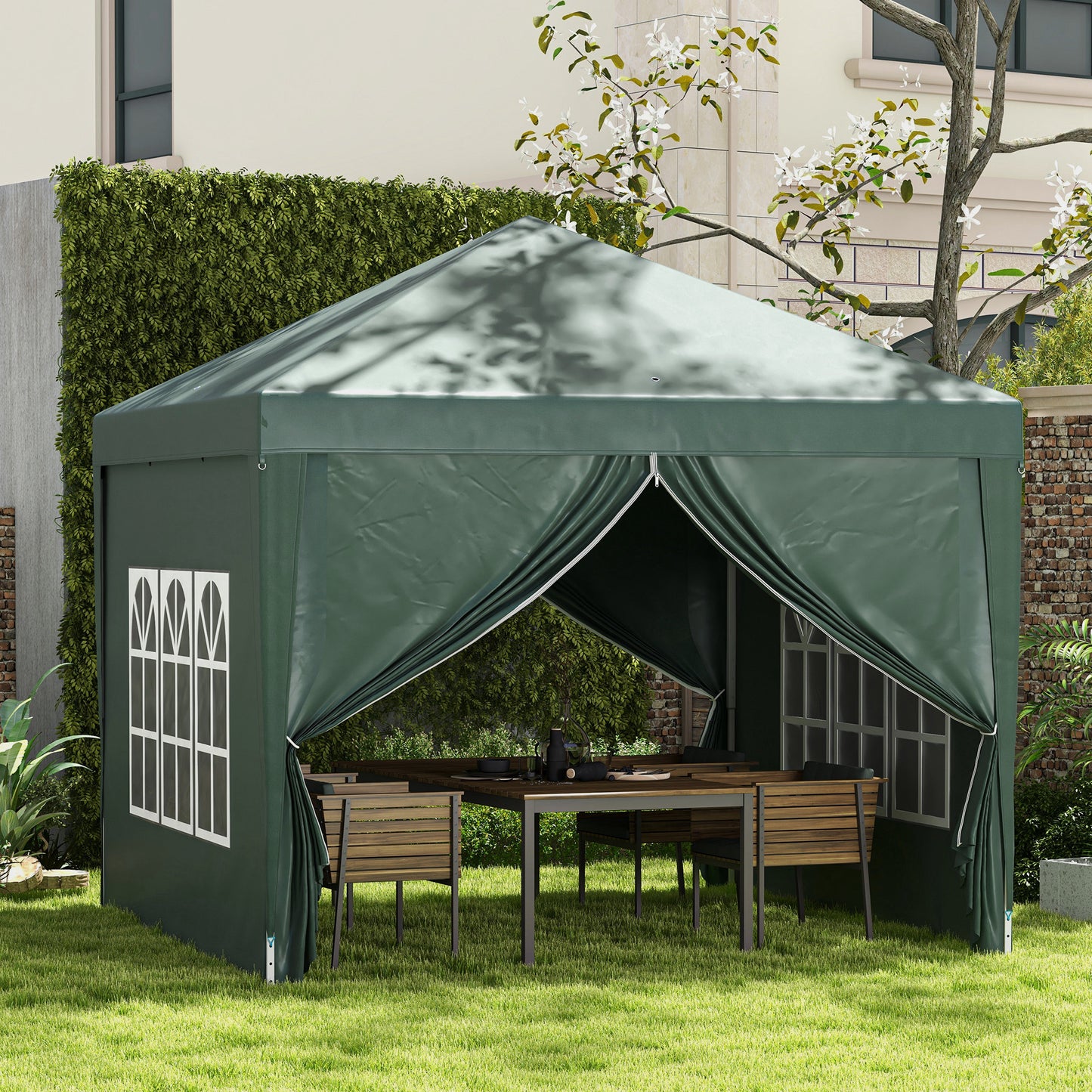 Outsunny 3 x 3 m Garden Pop Up Gazebo, Wedding Party Tent Marquee, Water Resistant Awning Canopy with Sidewalls, Windows, Carry Bag, Green