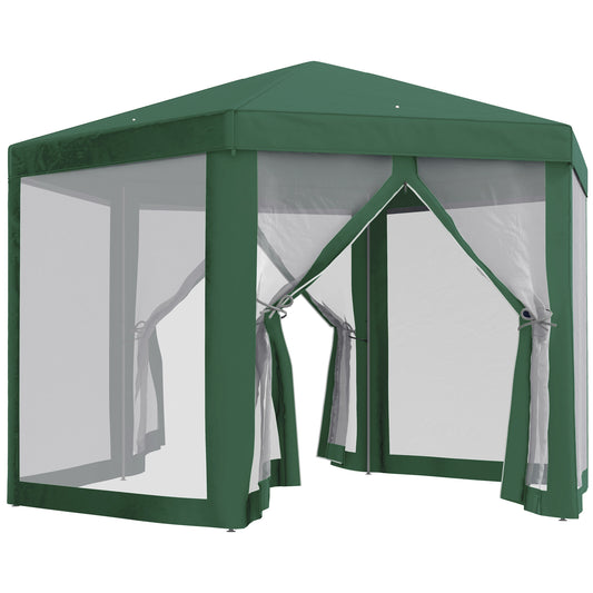 Outsunny 4M Hexagon Gazebo, Netting Party Tent Patio Canopy Outdoor Event Shelter for Activities, Shade Resistant, Green