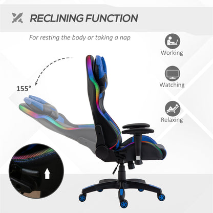 Vinsetto Racing Gaming Chair with RGB LED Light, Lumbar Support, Swivel Home Office Computer Recliner High Back Gamer Desk Chair, Black Blue