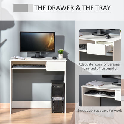 HOMCOM Compact Computer Table with Keyboard Tray Drawer Study Office Working Writing Desk, White