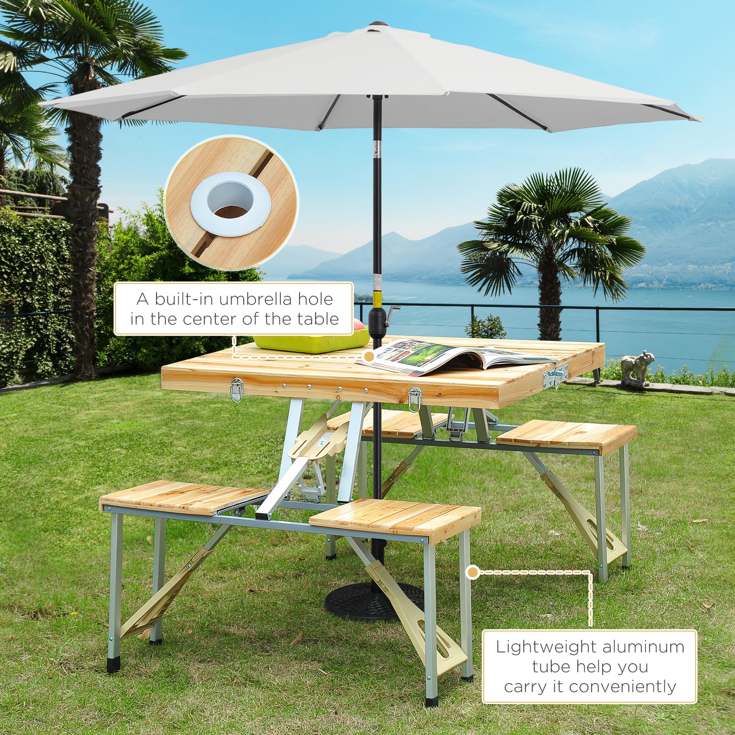 Outsunny Cunninghamia Board Portable Picnic Table Bench Set Natural Wood Color