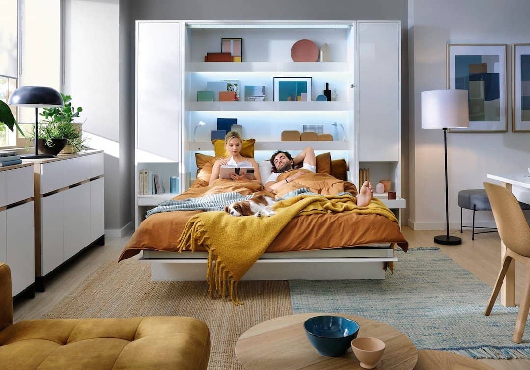 BC-13 Vertical Wall Bed Concept 180cm With Storage Cabinets and LED - Furniture Gold