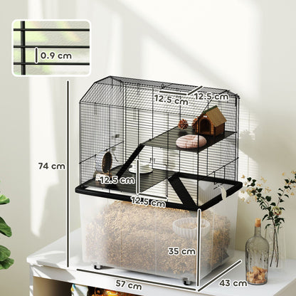 PawHut Three-Tier Gerbil Cage, Hamster Cage for Dwarf Hamster, Syrian Hamster w/ Wheels, Deep Bottom, Food Dish, Water Bottle