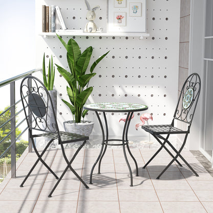 Outsunny 3PCs Bistro Set, Outdoor Metal Frame Mosaic Decoration Garden Table and Chair Set, Patio Folding Chairs Furniture Set