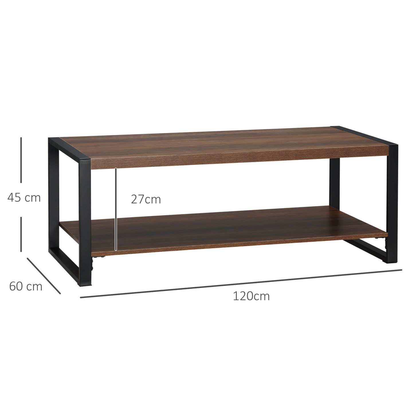 HOMCOM Industrial Coffee Table with Shelf and Steel Frame for Living Room,120cmx60cmx45cm, Brown