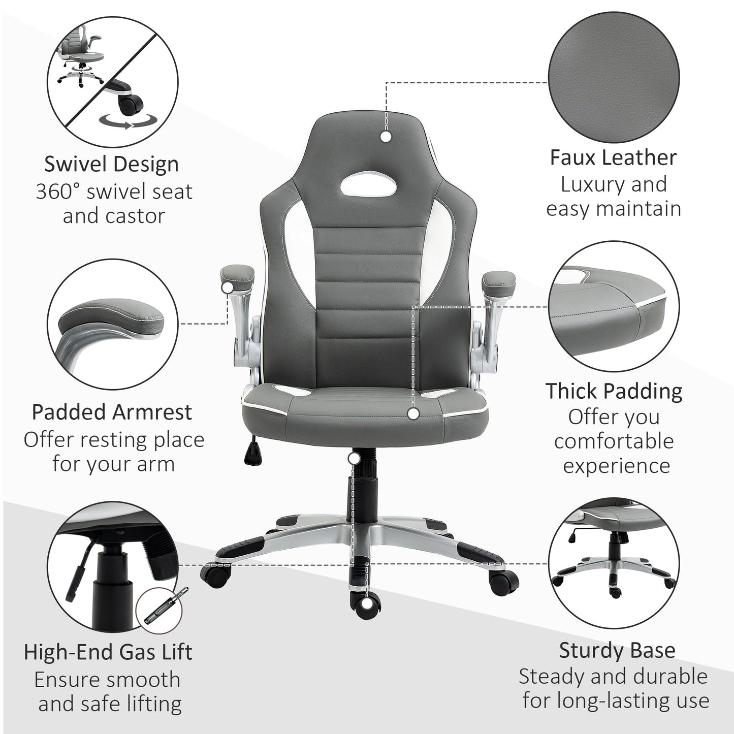 Vinsetto Computer Gaming Chair, Office Desk Swivel Chair, PU Leather Racing Chair with 90√Ç¬∞ Flip-up Armrest, Adjustable Height and Rolling Wheels, Grey