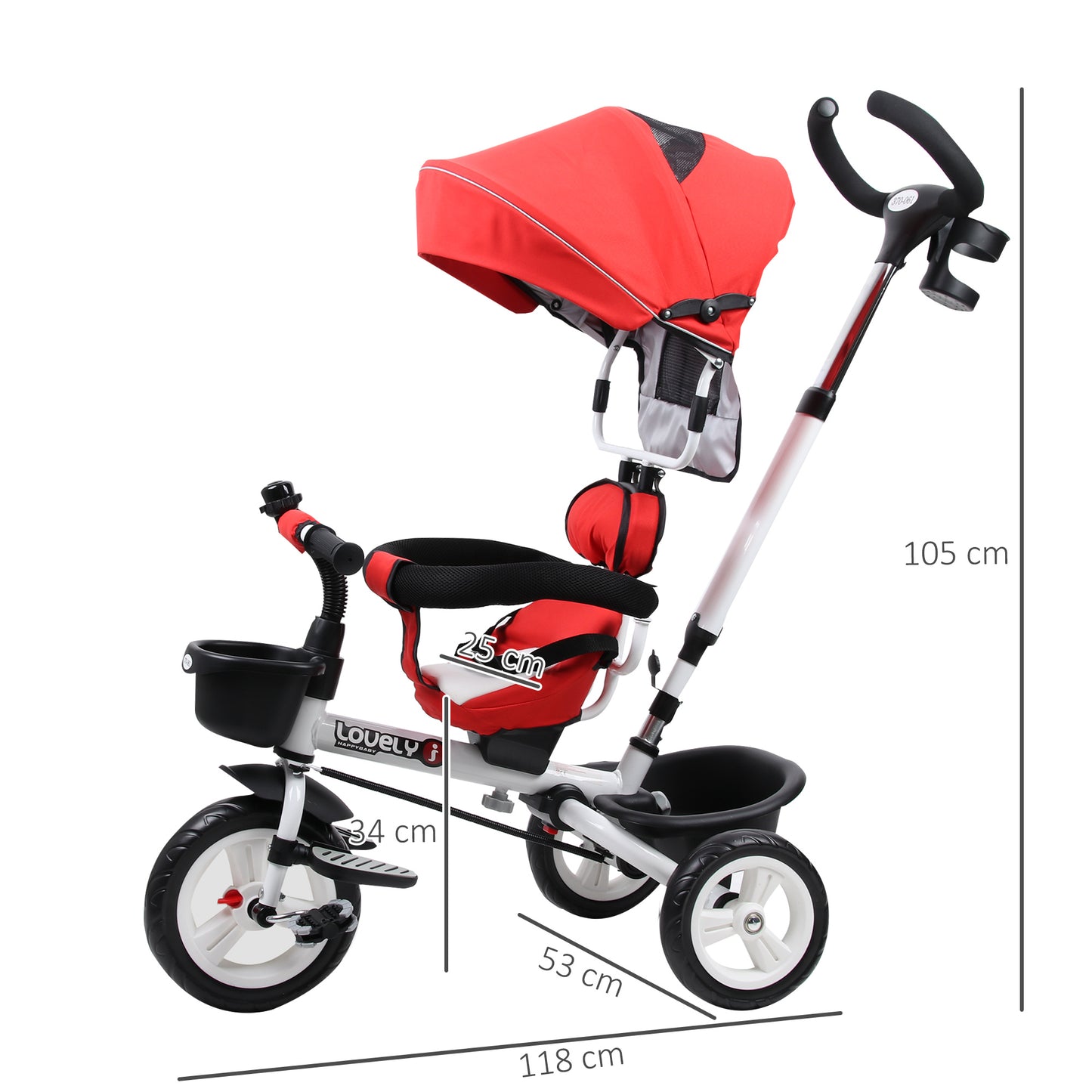 HOMCOM 4 in 1 Tricycle for Kids Toddler Folding Trike with Parent Handle Reversible Seat Adjustable Handle Removable Canopy Safety Belt for 18 Months to 5 Years Red