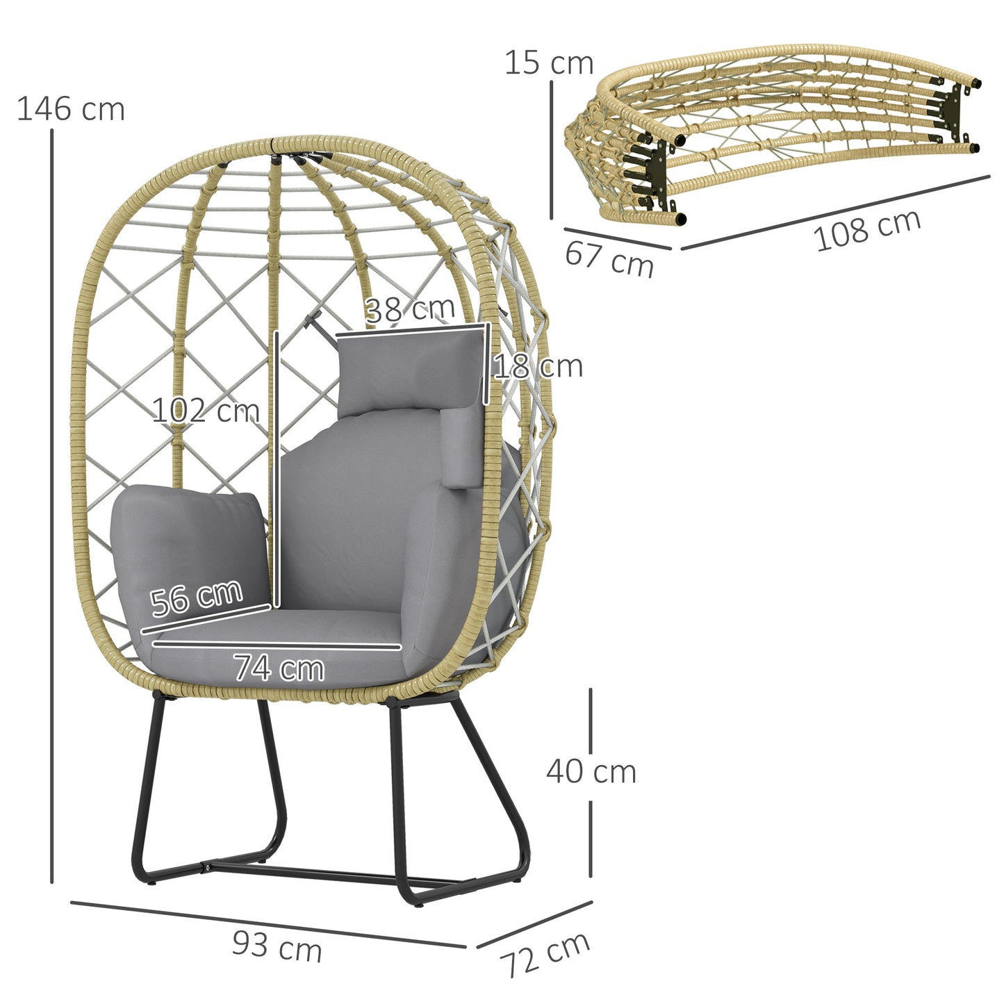 Outsunny Rattan Egg Chair Outdoor Indoor Wicker Chair with Thickened Cushion and Headrest, Standing Garden Egg Chair with Cup Holder, Metal Frame for Patio, Balcony, Grey