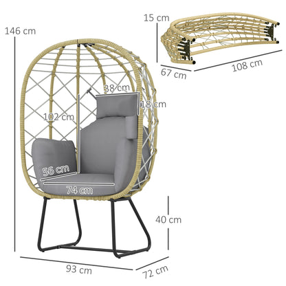 Outsunny Rattan Egg Chair Outdoor Indoor Wicker Chair with Thickened Cushion and Headrest, Standing Garden Egg Chair with Cup Holder, Metal Frame for Patio, Balcony, Grey