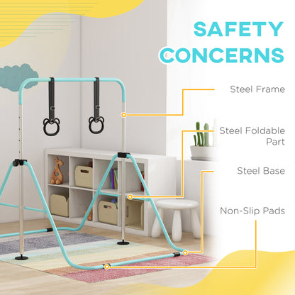 HOMCOM Adjustable Height, Foldable Kids Gymnastics Bar w/ Non-Slip Mats, for 3+ Years, Green