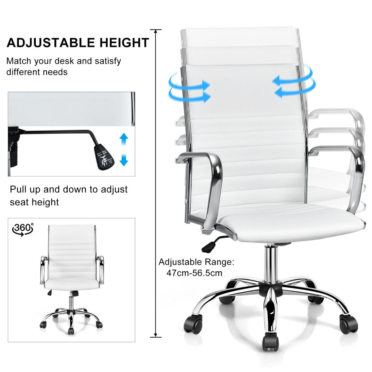 Height Adjustable Rolling High-Back Executive Chair for Home Office-White