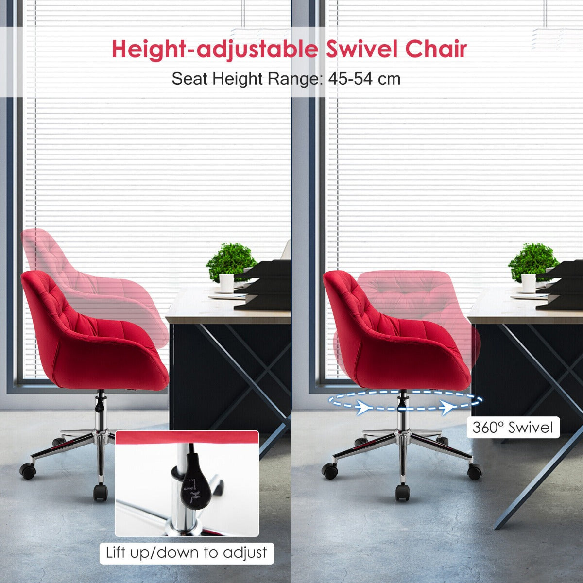 Velvet Height-Adjustable Swivel Upholstered Desk Chair with Armchair -Red