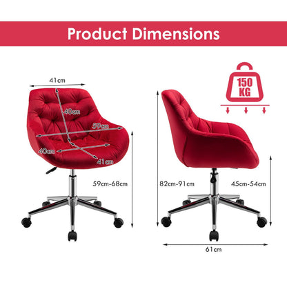 Velvet Height-Adjustable Swivel Upholstered Desk Chair with Armchair -Red