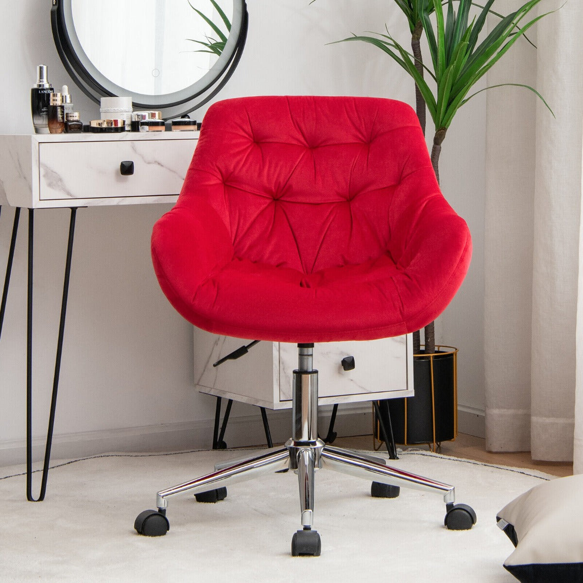 Velvet Height-Adjustable Swivel Upholstered Desk Chair with Armchair -Red