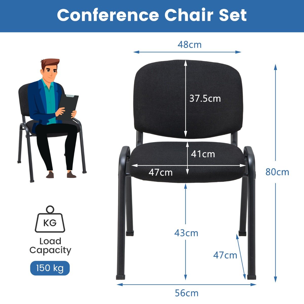 2-Pack Conference Chair Set with Metal Frame and Padded Cushion-Black