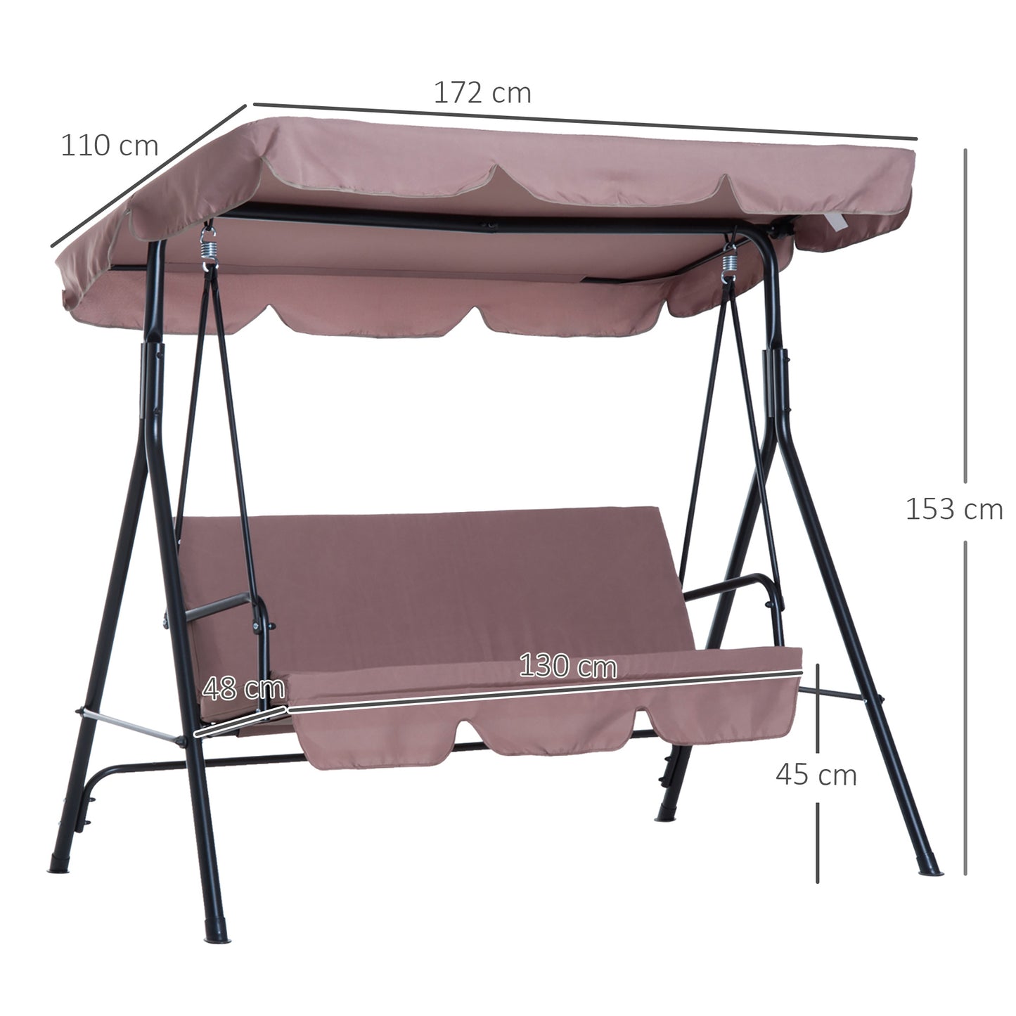 Outsunny 3 Seater Canopy Swing Chair Garden Rocking Bench Heavy Duty Patio Metal Seat w/ Top Roof - Brown