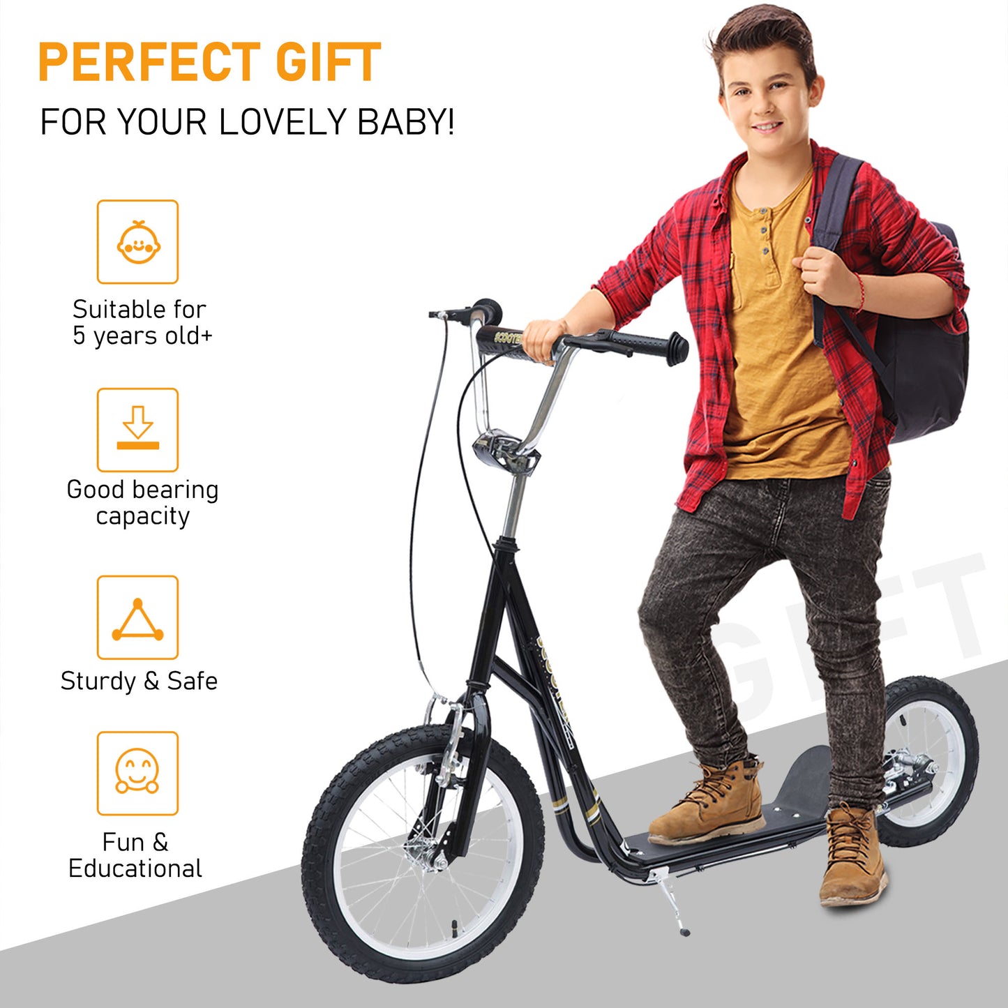 HOMCOM Adult Teen Push Scooter Kids Children Stunt Scooter Bike Bicycle Ride On Alloy Wheel Pneumatic Tyres (Black)