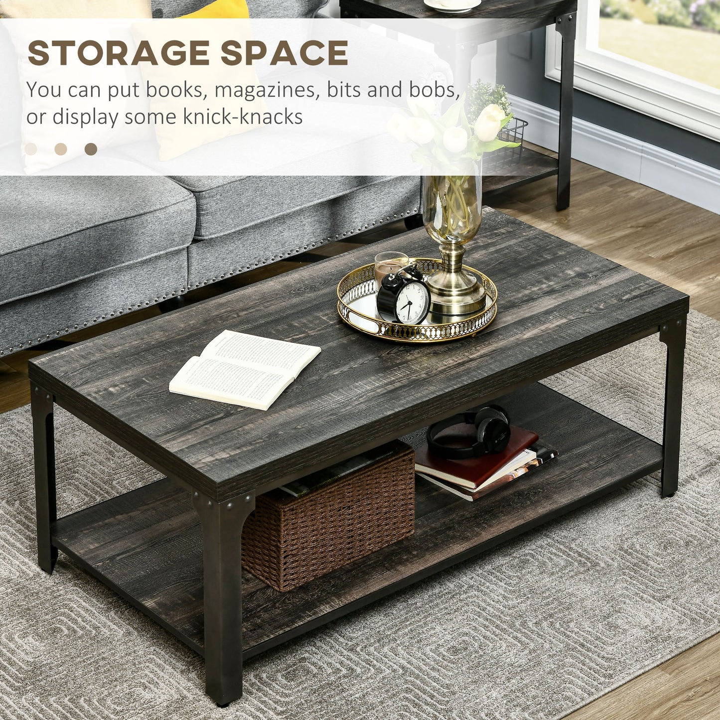 HOMCOM Rustic Coffee Table, Centre Table with Storage Shelf and Steel Frame, Coffee Tables for Living Room, Dark Walnut