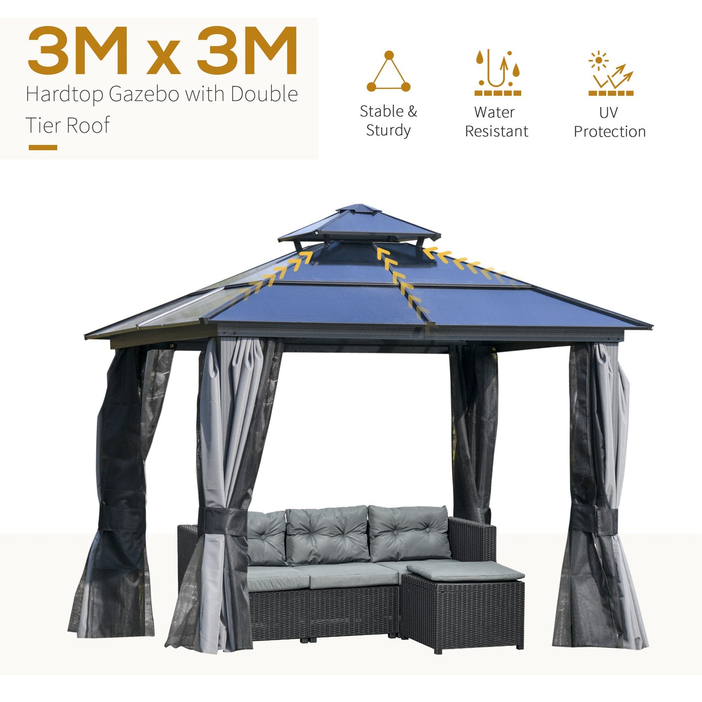 Outsunny Outdoor 3 x 3(m) Gazebo Cabana w/ Steel Frame & Net Sidewalls for Privacy