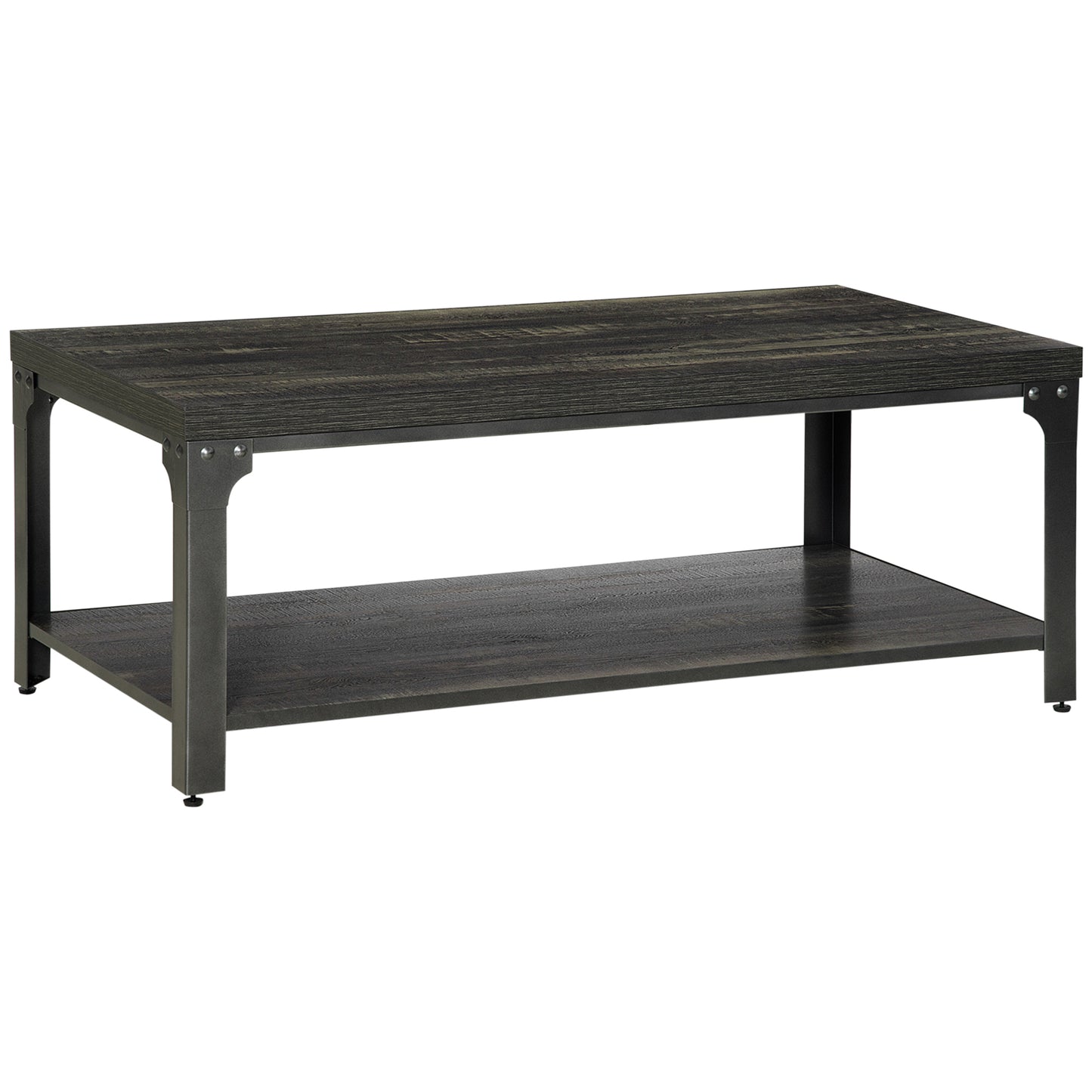 HOMCOM Rustic Coffee Table, Centre Table with Storage Shelf and Steel Frame, Coffee Tables for Living Room, Dark Walnut