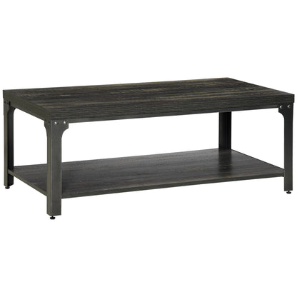 HOMCOM Rustic Coffee Table, Centre Table with Storage Shelf and Steel Frame, Coffee Tables for Living Room, Dark Walnut