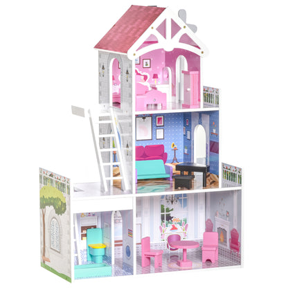 HOMCOM Kids Wooden Dolls house with Furniture Accessories 3 Storey Dollhouse for Toddler Girls 3-6 Years Pink