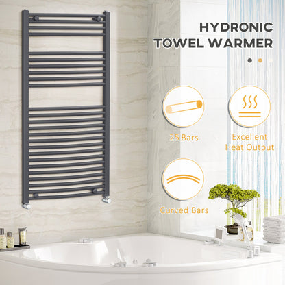 HOMCOM Curved Heated Towel Rail, Hydronic Bathroom Ladder Radiator Towel Warmer For Central Heating 600mm x 1200mm, Grey