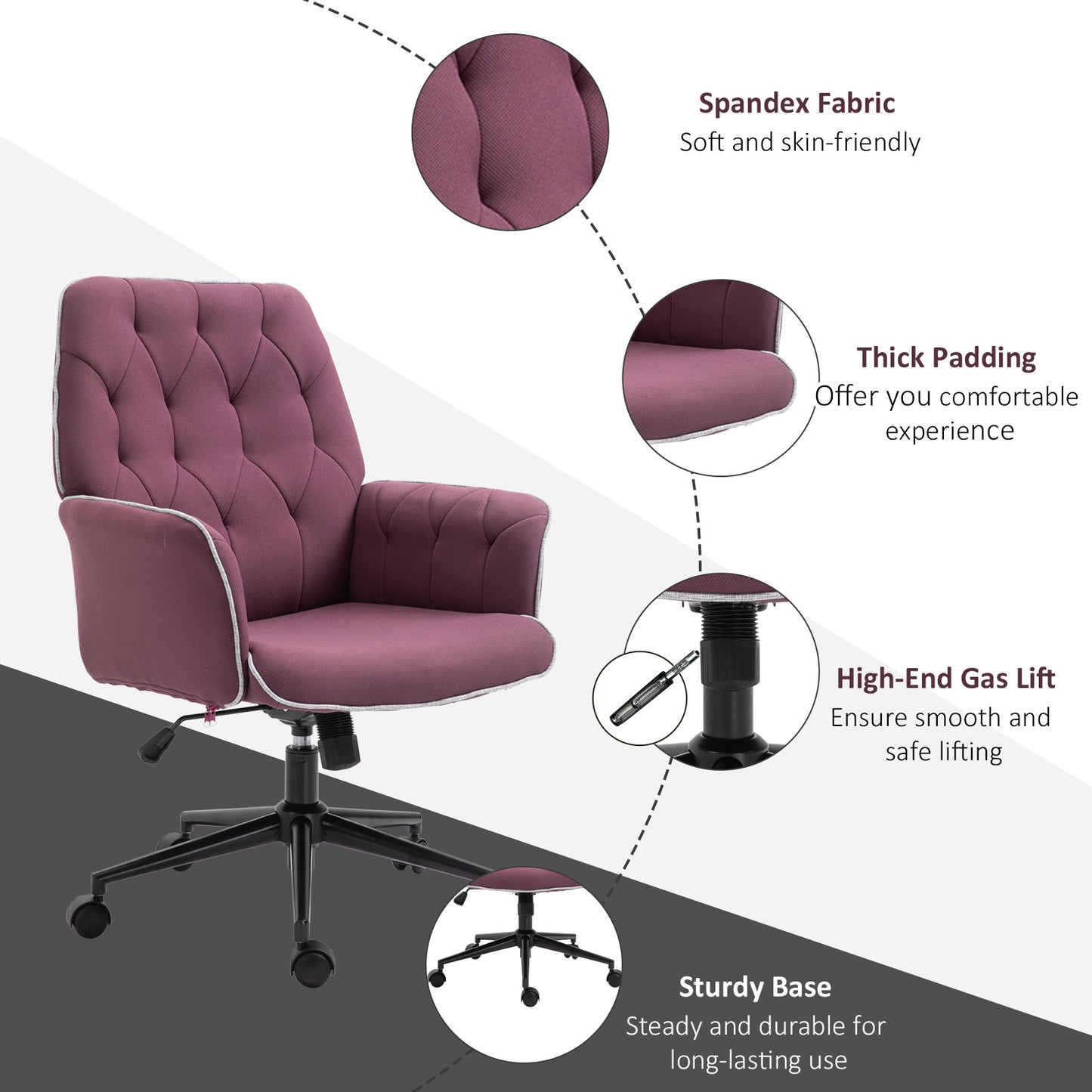 Vinsetto Office Desk Chair, Spandex Fabric Vanity Chair with Adjustable Height, Armrest, Swivel Chair for Home, Purple